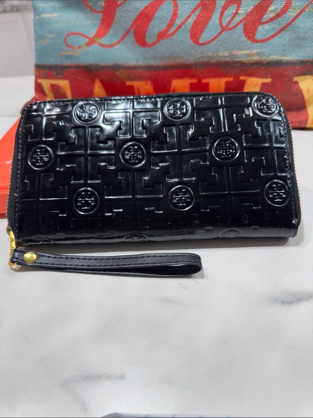 Tory Burch Black Patent Embossed Zip Wristlet